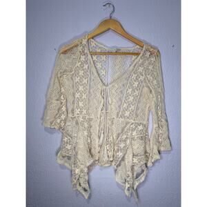 Haute Monde Boho Lace Cardigan Cream Sheer Floral Tie Front Handkerchief Hem S